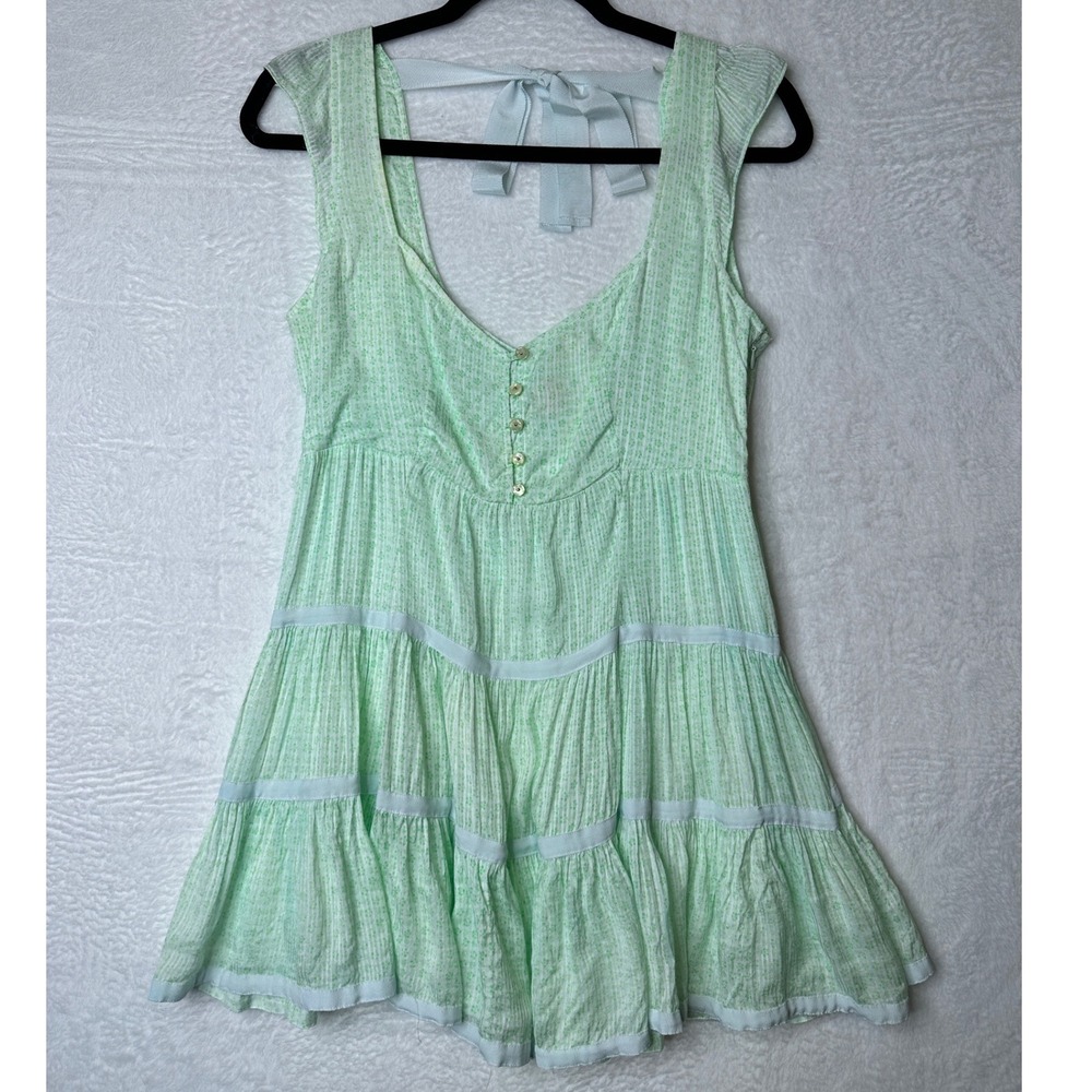Free People Mint Green Floral Stripe Tiered Babydoll Mini Dress Size 8